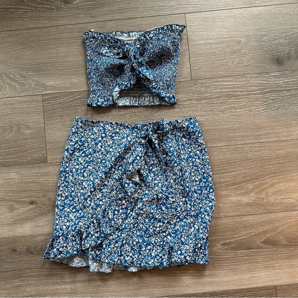 Two Piece Set Blue Floral Skirt